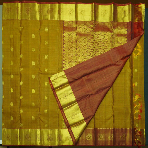 Fenugreek Color Vaira Oosi Kanchipuram Silk Saree with Traditional Motifs - Vivaaha Silks & Sarees