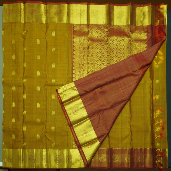 Fenugreek Color Vaira Oosi Kanchipuram Silk Saree with Traditional Motifs
