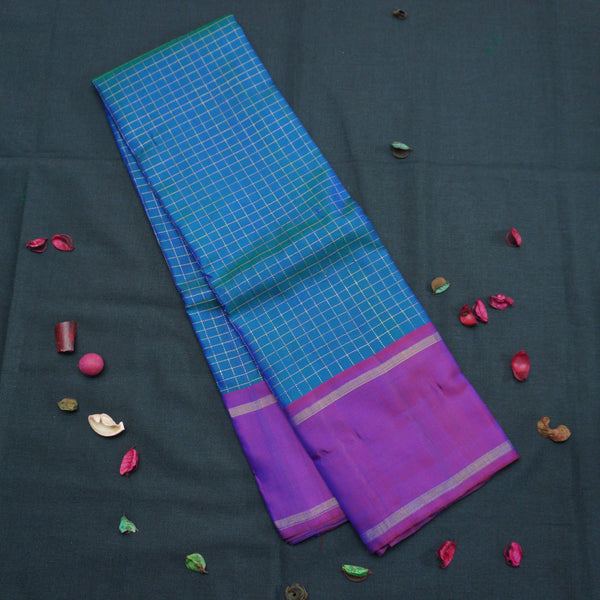 Traditional Peacock Blue and Purple Kanchipuram Silk Saree with Zari Checks
