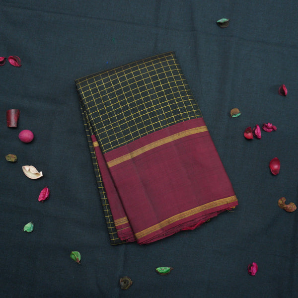 Traditional Black and Maroon Kanchipuram Silk Saree with Zari Checks
