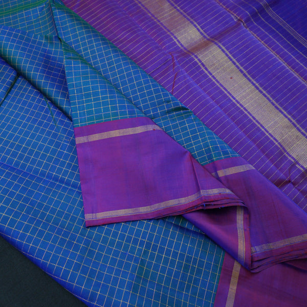 Traditional Peacock Blue and Purple Kanchipuram Silk Saree with Zari Checks
