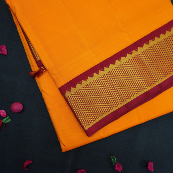 Radiant Golden Yellow 9 Yards Kanchipuram Silk Saree with Red Selvedge Border - Vivaaha Silks & Sarees