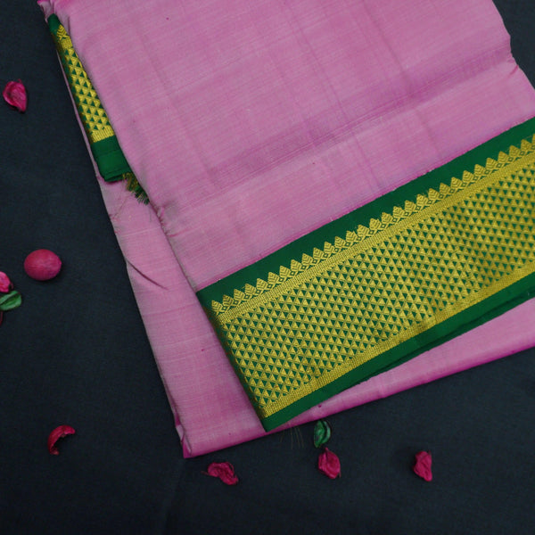 Lotus pink 9 Yards Kanchipuram Silk Saree with Green Selvedge - Vivaaha Silks & Sarees