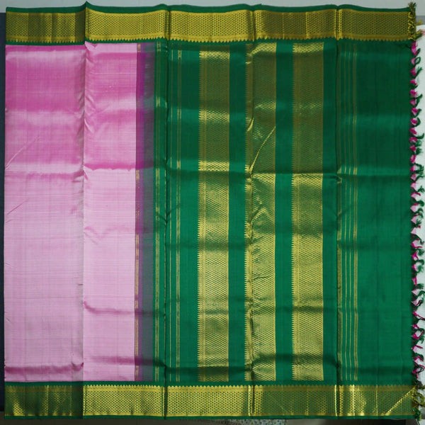 Lotus pink 9 Yards Kanchipuram Silk Saree with Green Selvedge - Vivaaha Silks & Sarees