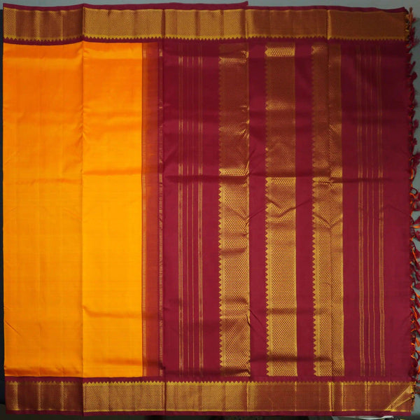 Radiant Golden Yellow 9 Yards Kanchipuram Silk Saree with Red Selvedge Border - Vivaaha Silks & Sarees