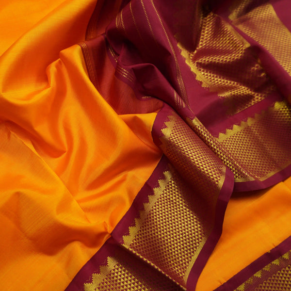 Radiant Golden Yellow 9 Yards Kanchipuram Silk Saree with Red Selvedge Border - Vivaaha Silks & Sarees