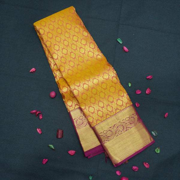 Sunset Orange Kanchipuram Silk Saree with Magenta Korvai Border - Vivaaha Silks & Sarees