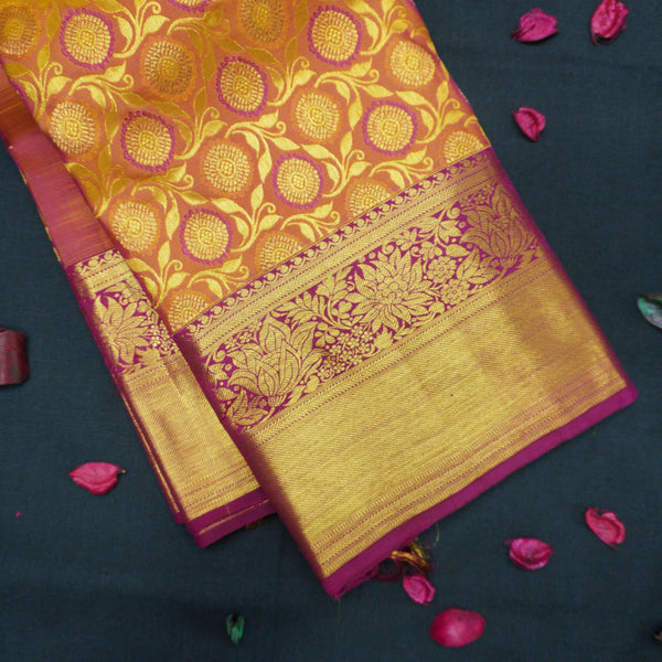 Traditional Pumpkin Orange Kanchipuram Silk Saree with Zari Chakaram Brocade and Magenta Korvai Border - Vivaaha Silks & Sarees