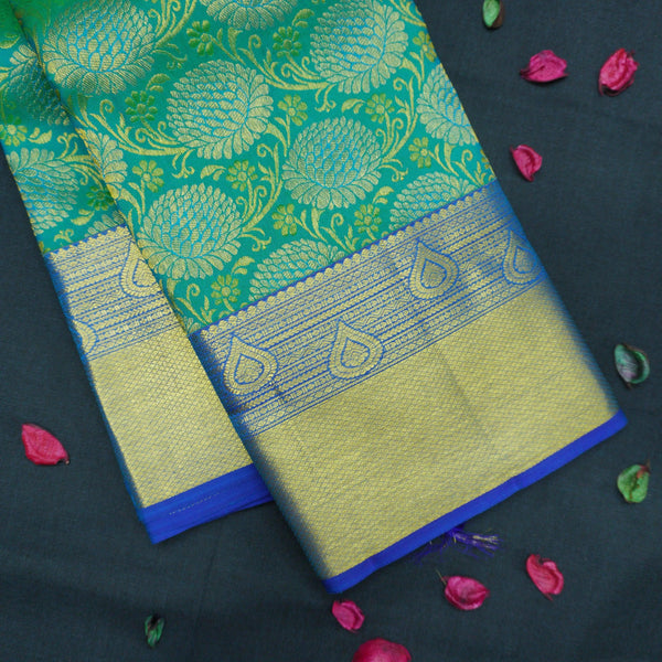 Traditional Teal Green Kanchipuram Silk Saree with Zari Brocade Design - Vivaaha Silks & Sarees