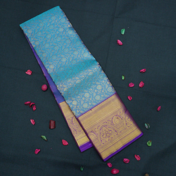 Sky Blue Bridal Kanchipuram Silk Saree with Violet Korvai Border - Vivaaha Silks & Sarees