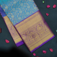 Load image into Gallery viewer, Sky Blue Bridal Kanchipuram Silk Saree with Violet Korvai Border

