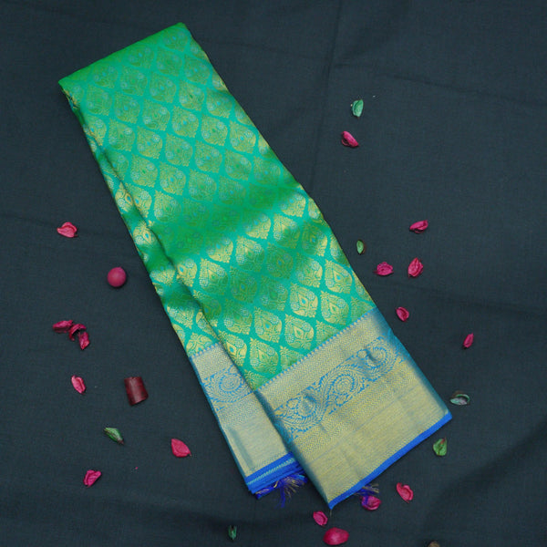Jungle Green Bridal Kanchipuram Silk Saree with Blue Border - Vivaaha Silks & Sarees