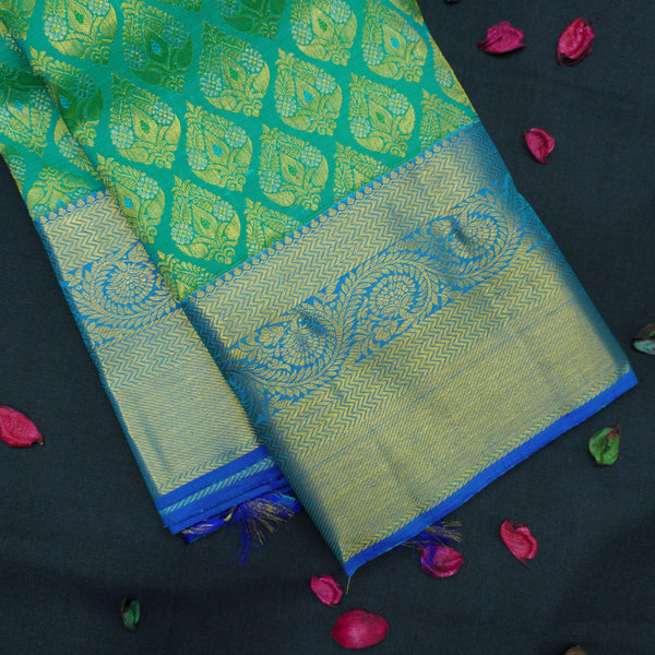 Jungle Green Bridal Kanchipuram Silk Saree with Blue Border - Vivaaha Silks & Sarees