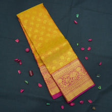 Load image into Gallery viewer, Mustard Yellow with Pink Border Bridal Kanchipuram Silk Saree

