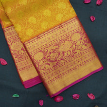 Load image into Gallery viewer, Mustard Yellow with Pink Border Bridal Kanchipuram Silk Saree

