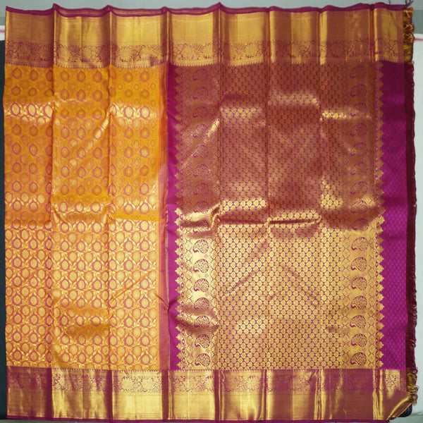 Traditional Pumpkin Orange Kanchipuram Silk Saree with Zari Chakaram Brocade and Magenta Korvai Border - Vivaaha Silks & Sarees