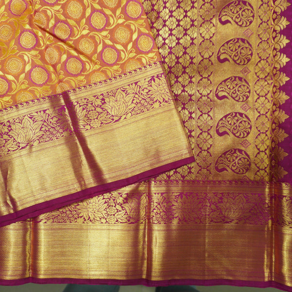 Traditional Pumpkin Orange Kanchipuram Silk Saree with Zari Chakaram Brocade and Magenta Korvai Border - Vivaaha Silks & Sarees