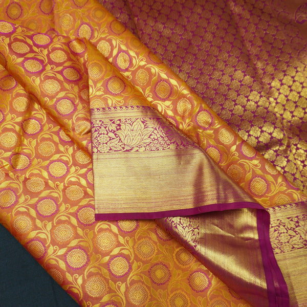 Traditional Pumpkin Orange Kanchipuram Silk Saree with Zari Chakaram Brocade and Magenta Korvai Border - Vivaaha Silks & Sarees