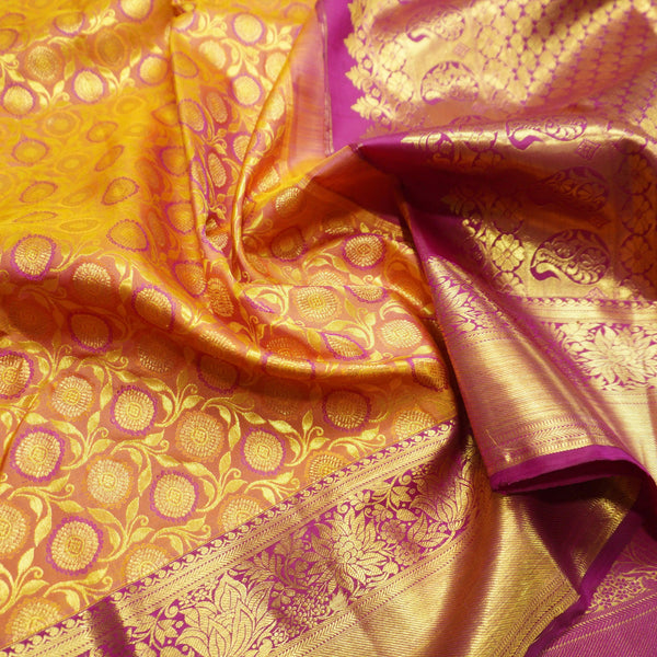 Traditional Pumpkin Orange Kanchipuram Silk Saree with Zari Chakaram Brocade and Magenta Korvai Border - Vivaaha Silks & Sarees