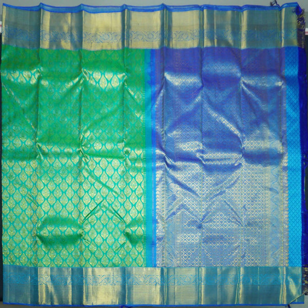 Jungle Green Bridal Kanchipuram Silk Saree with Blue Border - Vivaaha Silks & Sarees