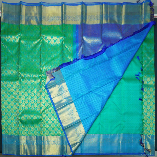 Jungle Green Bridal Kanchipuram Silk Saree with Blue Border - Vivaaha Silks & Sarees