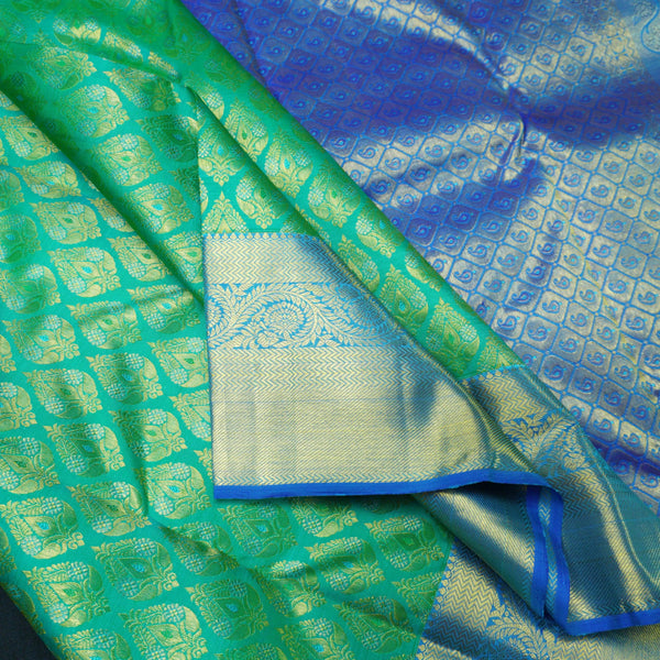 Jungle Green Bridal Kanchipuram Silk Saree with Blue Border - Vivaaha Silks & Sarees