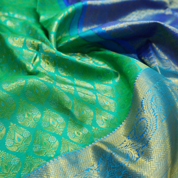 Jungle Green Bridal Kanchipuram Silk Saree with Blue Border - Vivaaha Silks & Sarees