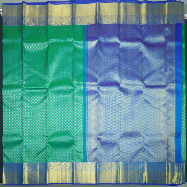 Jungle Green Kanchipuram Silk Saree with Blue Border & Zari Pallu - Vivaaha Silks & Sarees