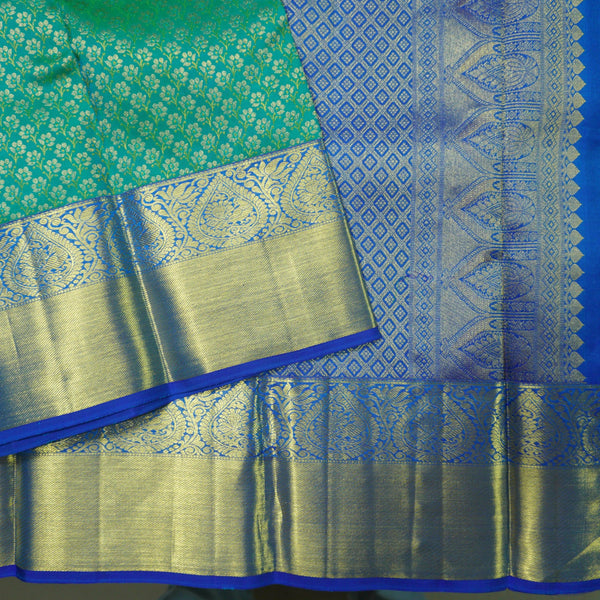 Jungle Green Kanchipuram Silk Saree with Blue Border & Zari Pallu - Vivaaha Silks & Sarees