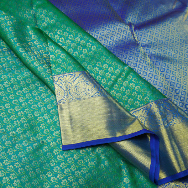 Jungle Green Kanchipuram Silk Saree with Blue Border & Zari Pallu - Vivaaha Silks & Sarees