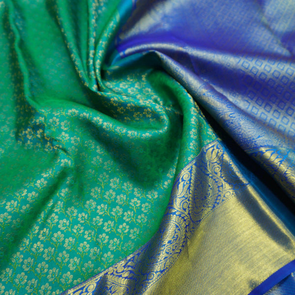 Jungle Green Kanchipuram Silk Saree with Blue Border & Zari Pallu - Vivaaha Silks & Sarees