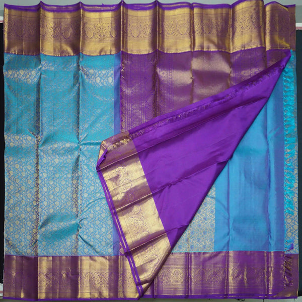Sky Blue Bridal Kanchipuram Silk Saree with Violet Korvai Border - Vivaaha Silks & Sarees