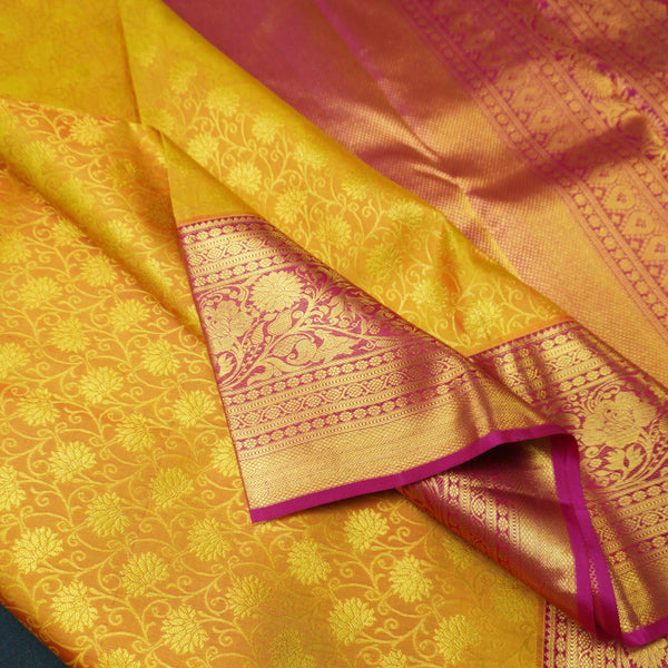 Sunset Orange Kanchipuram Silk Saree with Magenta Korvai Border - Vivaaha Silks & Sarees