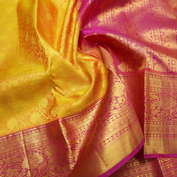 Sunset Orange Kanchipuram Silk Saree with Magenta Korvai Border - Vivaaha Silks & Sarees