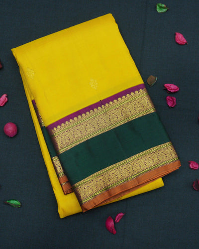 Bright Yellow Kanchipuram Silk Saree with Dual-Color Korvai Border