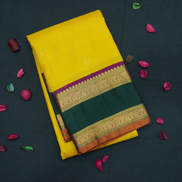 Bright Yellow Kanchipuram Silk Saree with Dual-Color Korvai Border
