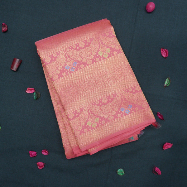 Traditional Peach Pink Bridal Kanchipuram Silk Saree with Pure Gold Zari - Vivaaha Silks & Sarees