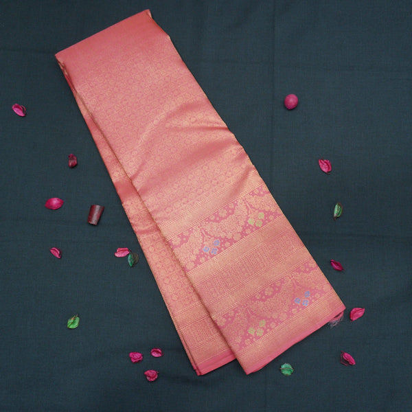 Traditional Peach Pink Bridal Kanchipuram Silk Saree with Pure Gold Zari - Vivaaha Silks & Sarees