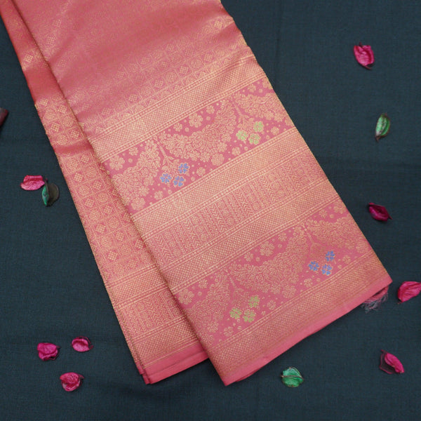 Traditional Peach Pink Bridal Kanchipuram Silk Saree with Pure Gold Zari - Vivaaha Silks & Sarees