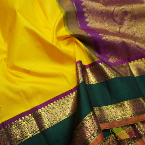 Bright Yellow Kanchipuram Silk Saree with Dual-Color Korvai Border