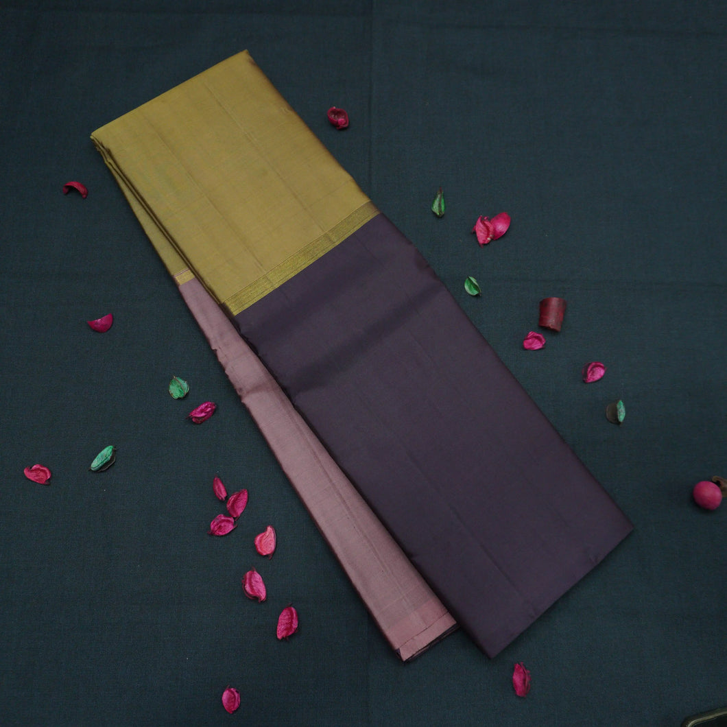 Fenugreek, Blush Pink, and Brown Mubbagam Kanchipuram Handloom Silk Saree
