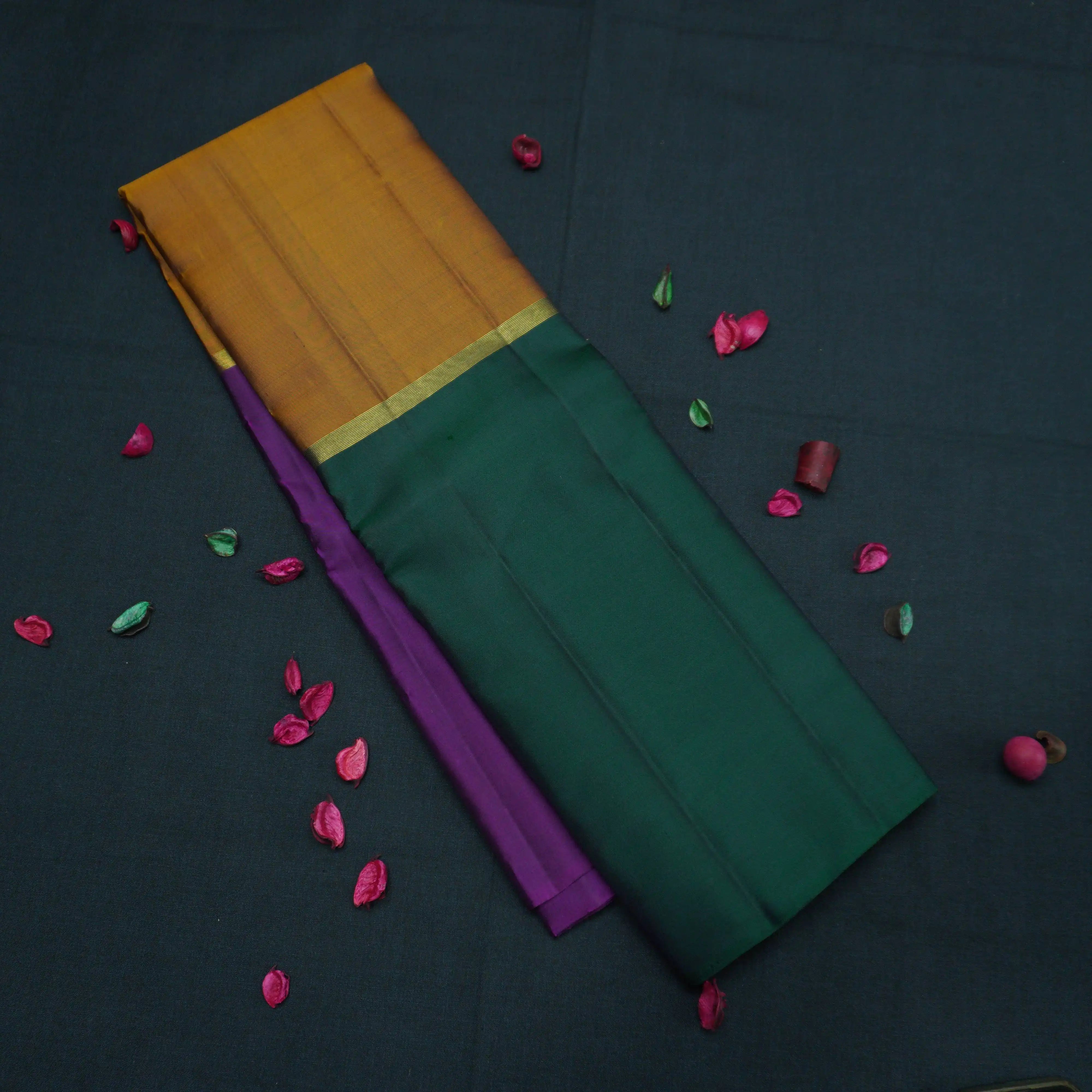 Mustard Yellow with Violet & Dark Green Kanchipuram Handloom Silk Saree
