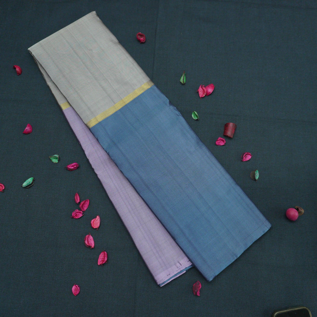 Lightweight Steel Gray Kanchipuram Silk Saree with Lavender & Blue Mubbagam
