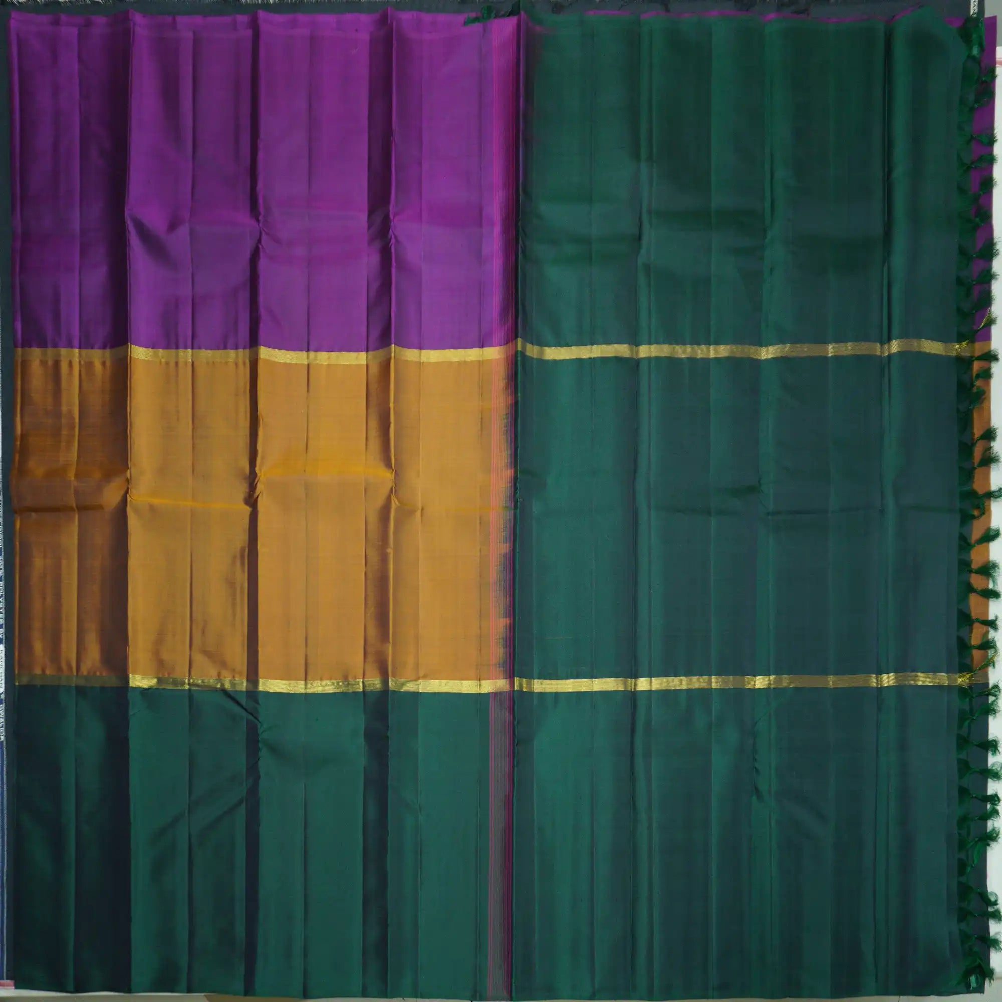 Mustard Yellow with Violet & Dark Green Kanchipuram Handloom Silk Saree
