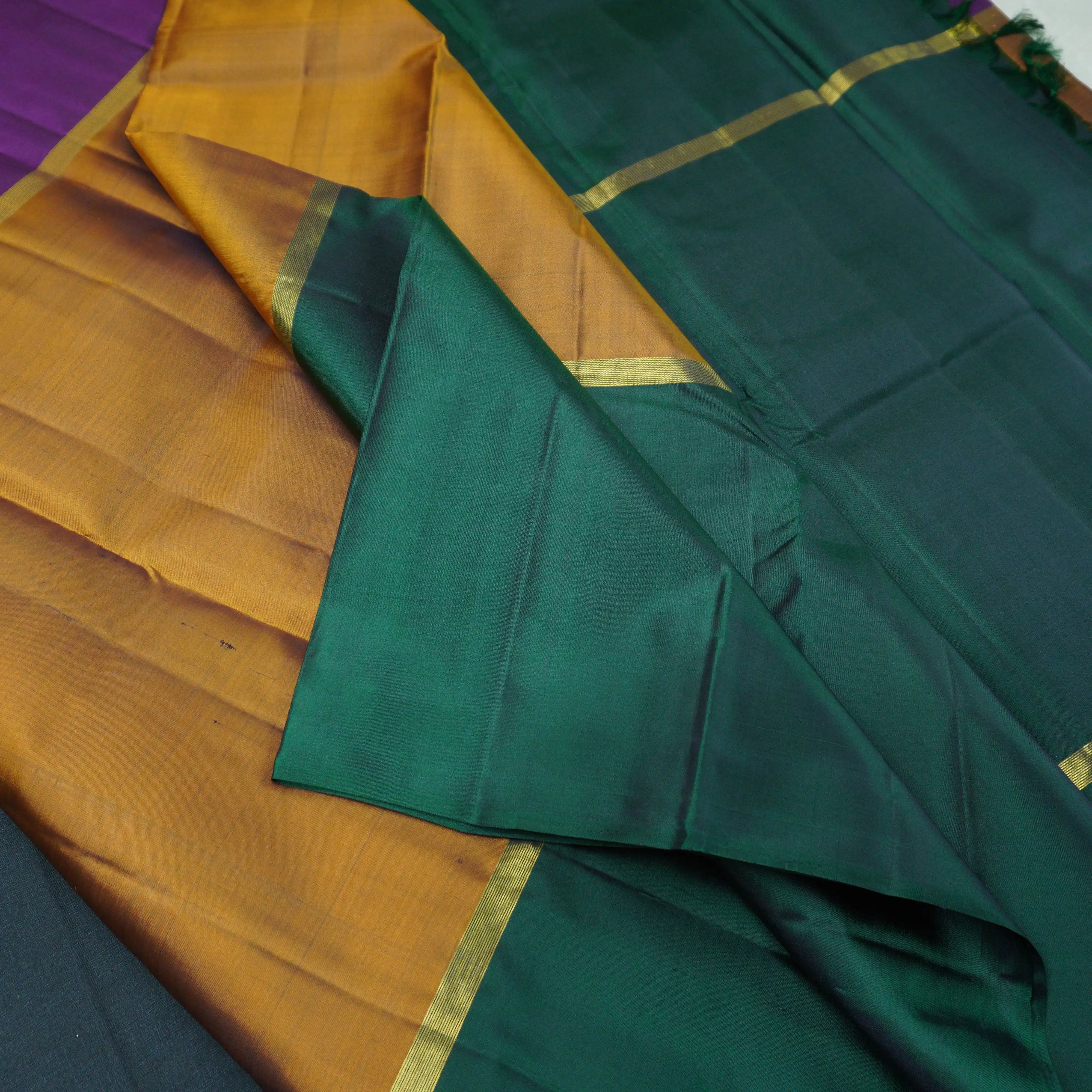 Mustard Yellow with Violet & Dark Green Kanchipuram Handloom Silk Saree
