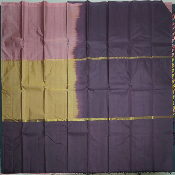 Fenugreek, Blush Pink, and Brown Mubbagam Kanchipuram Handloom Silk Saree - Vivaaha Silks & Sarees