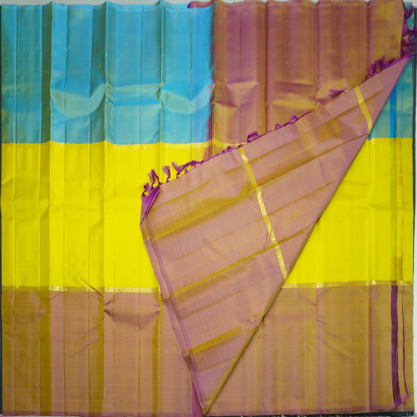 Lemon Yellow, Anandha & Brick Red Mubbagam Kanchipuram Silk Saree
