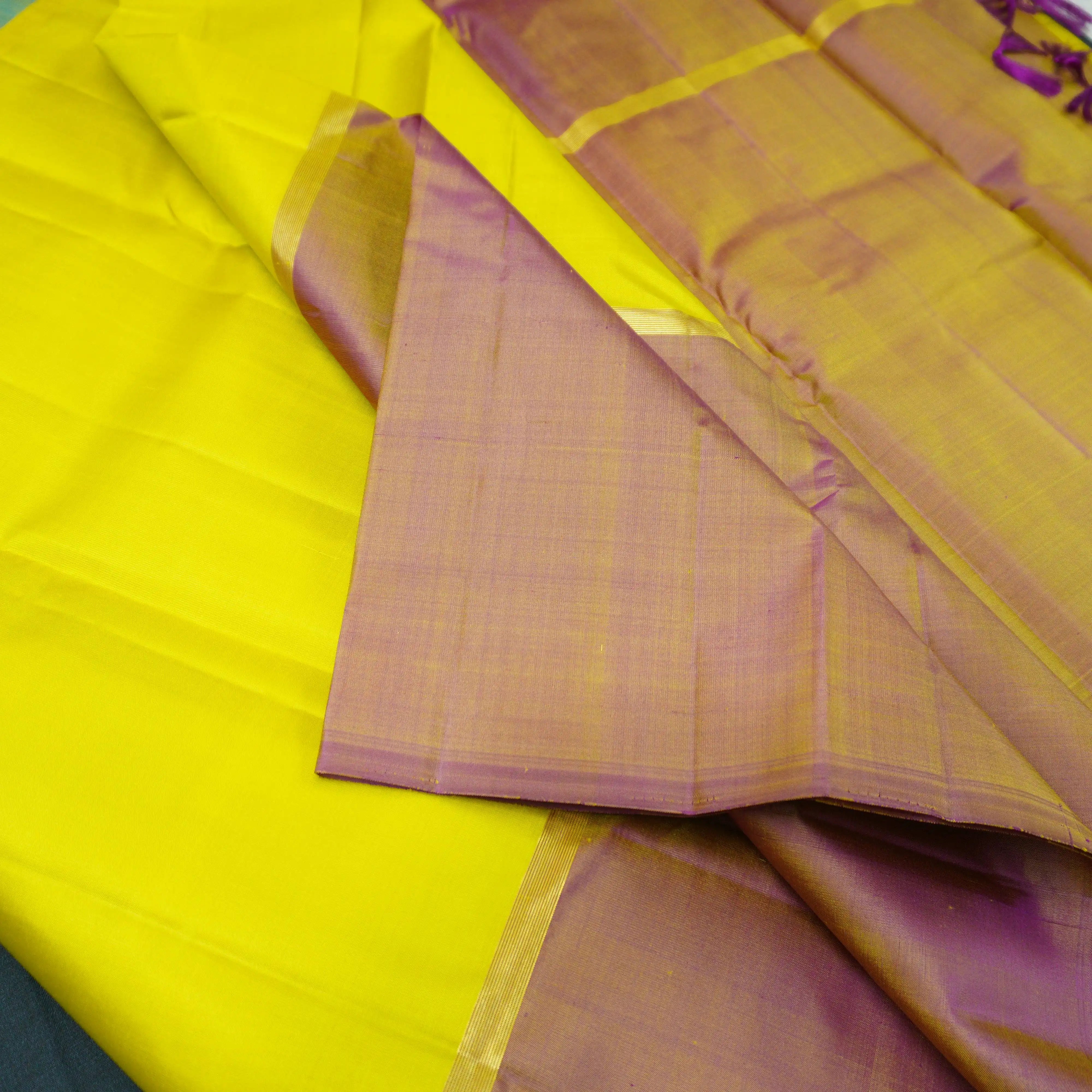 Lemon Yellow, Anandha & Brick Red Mubbagam Kanchipuram Silk Saree
