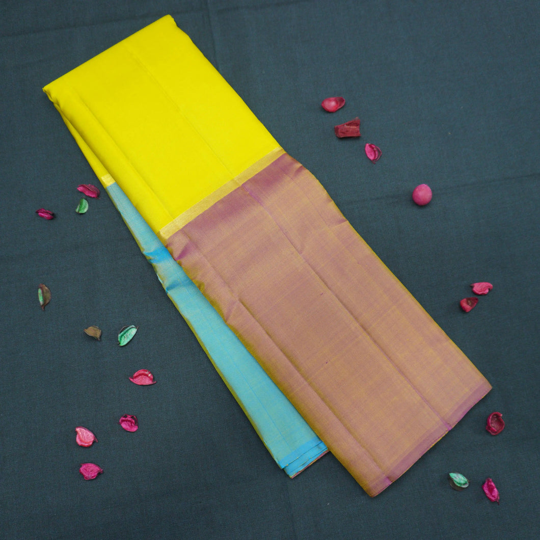 Lemon Yellow, Anandha & Brick Red Mubbagam Kanchipuram Silk Saree
