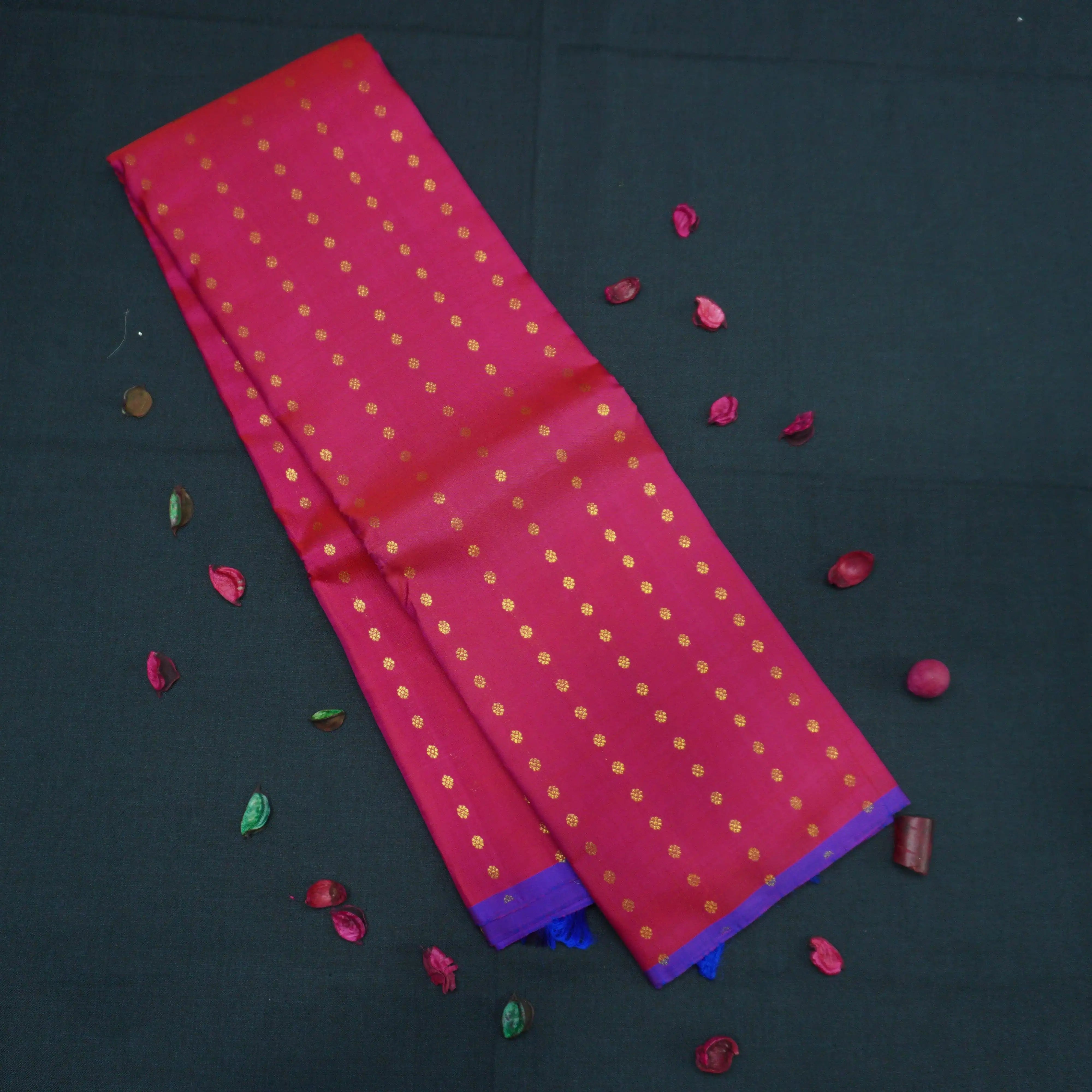 Hot Pink Borderless Kanchipuram Silk Saree with Gold Zari Kamalam Design
